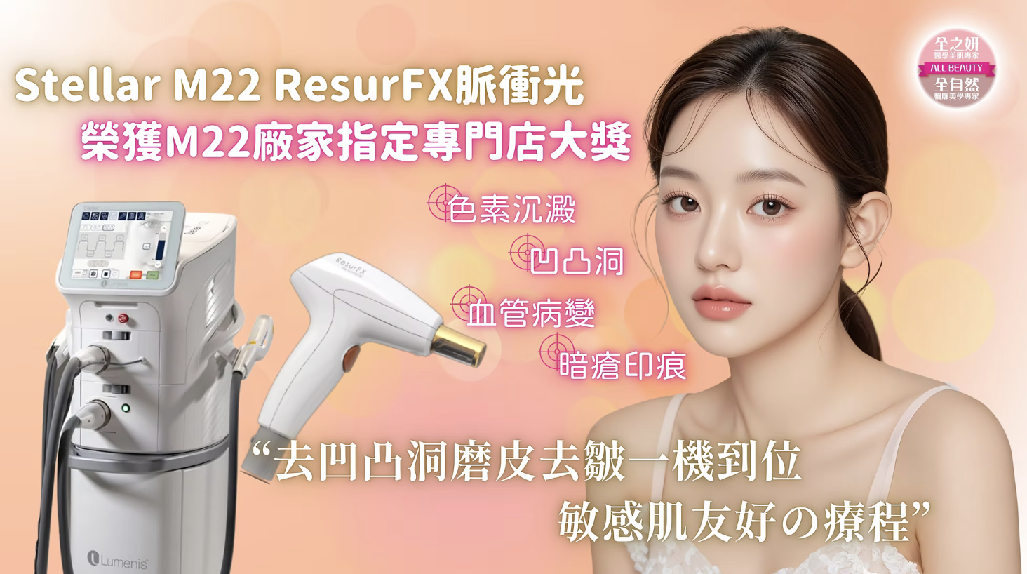 Lumenis M22 ResurFX™ 超點陣激光採用1565nm 專利光纖激光技術,為專有非創傷性分段式激光,透過微小的傷口將激光能量帶入皮膚組織深處,形成所謂的顯微加熱區(MTZ, Microthermal Zone),刺激皮膚組織的膠原蛋白增生、重組,來達到讓肌膚修復、填補凹陷,可強效解決毛孔粗大、凹凸洞、皺紋、妊娠紋、疤痕。