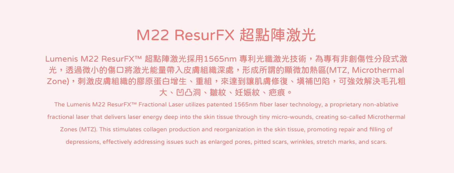 Lumenis M22 ResurFX™ 超點陣激光採用1565nm 專利光纖激光技術,為專有非創傷性分段式激光,透過微小的傷口將激光能量帶入皮膚組織深處,形成所謂的顯微加熱區(MTZ, Microthermal Zone),刺激皮膚組織的膠原蛋白增生、重組,來達到讓肌膚修復、填補凹陷,可強效解決毛孔粗大、凹凸洞、皺紋、妊娠紋、疤痕。