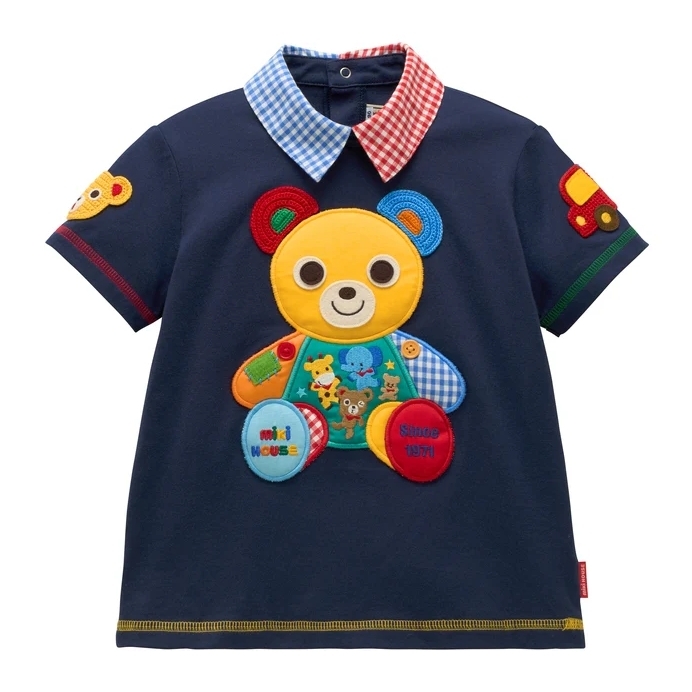 普吉熊刺繡撞色翻領短袖T恤-海軍藍