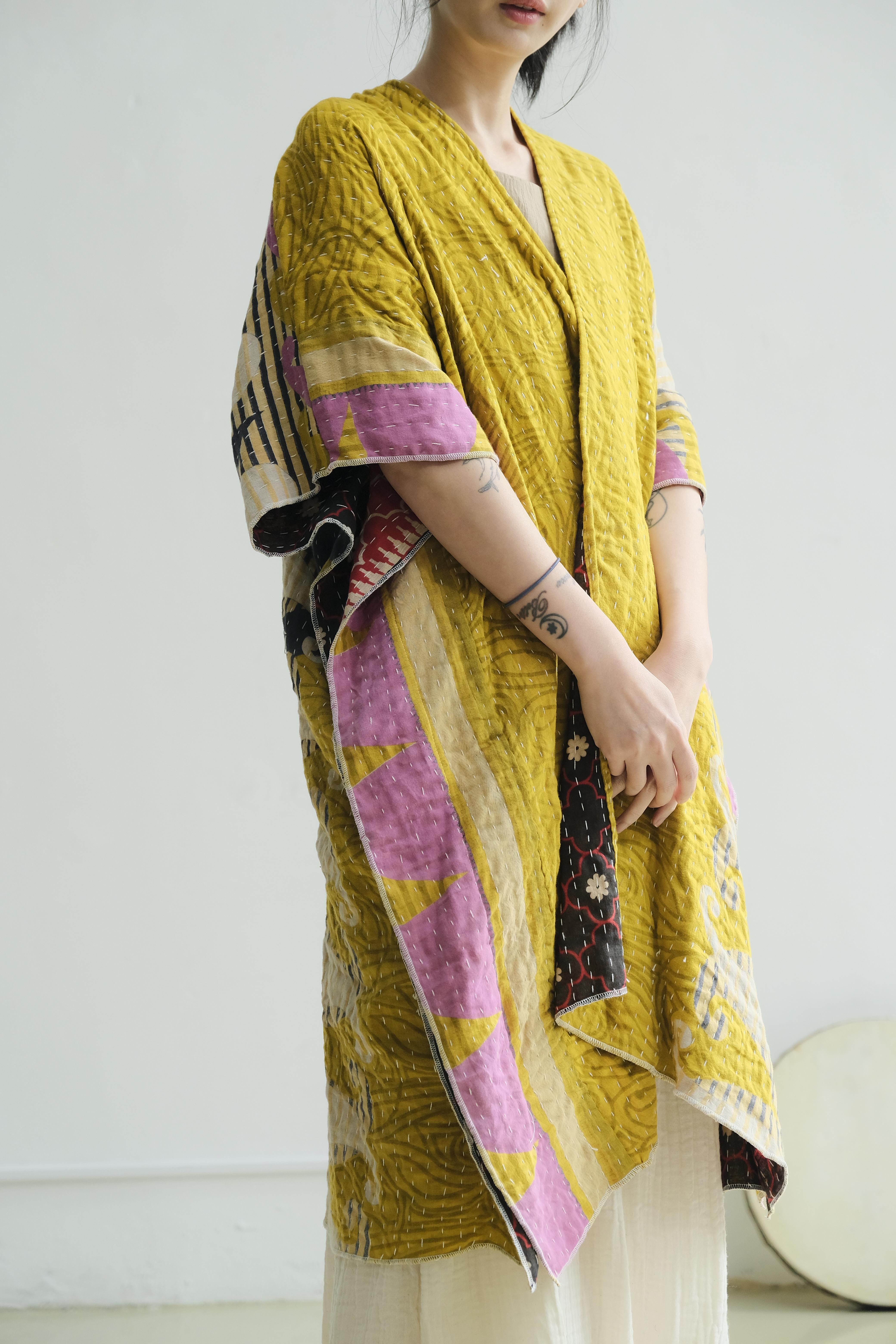 坎塔刺繡開襟披肩罩衫 夏日黃