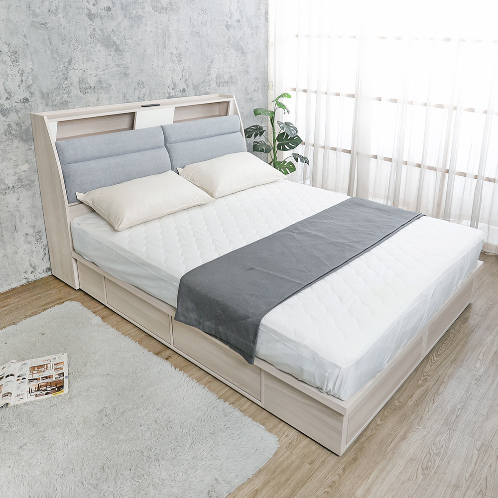 菲斯6尺加大雙人多功能收納抽屜床組(附USB插座貓抓皮床頭箱+六抽收納床底-不含床墊)