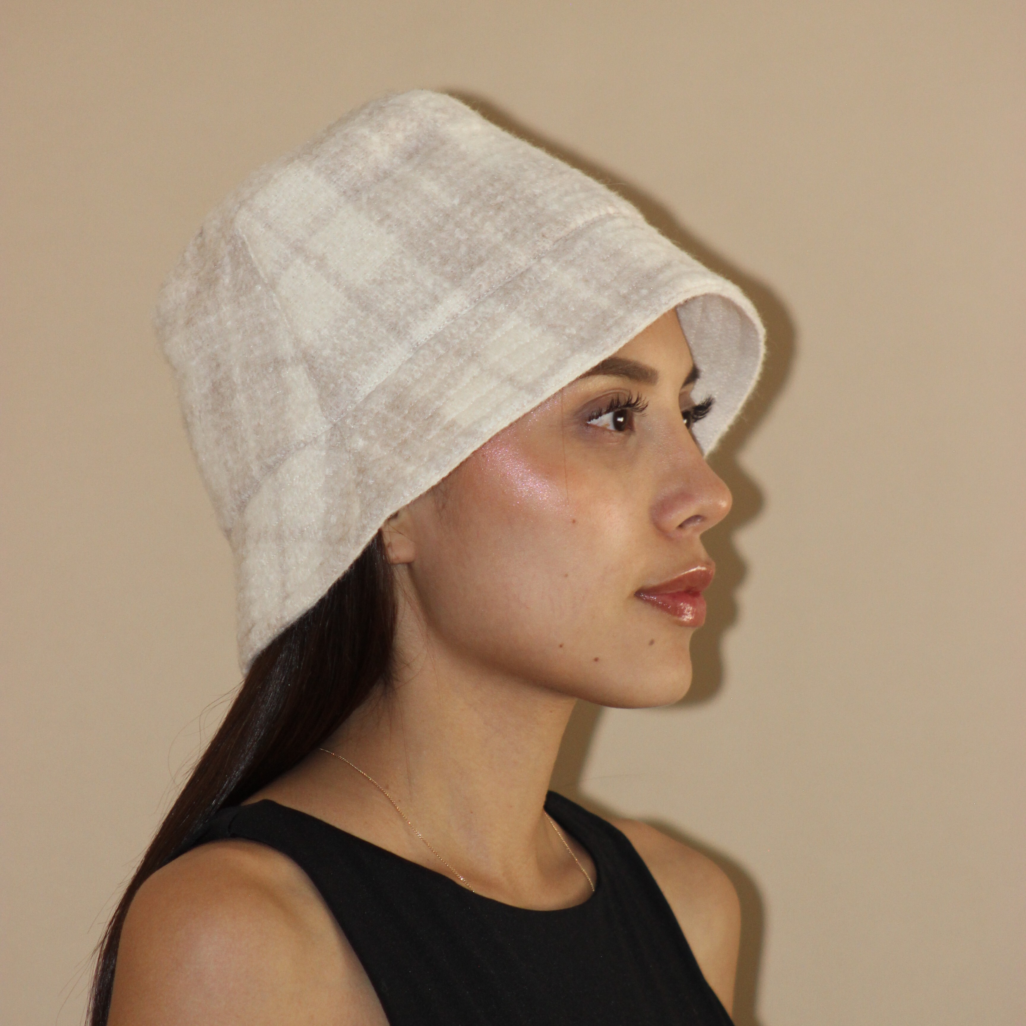 羊駝毛氈雙面漁夫帽｜淺棕格紋/米白｜秘魯