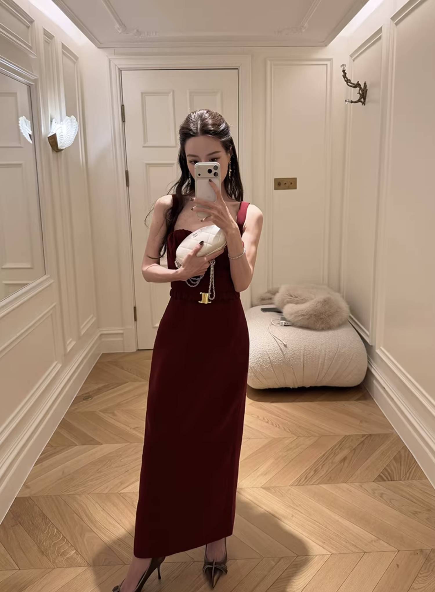 法國紅桃心領腰帶造型合身長洋裝-XS-L (Elegant & Love)