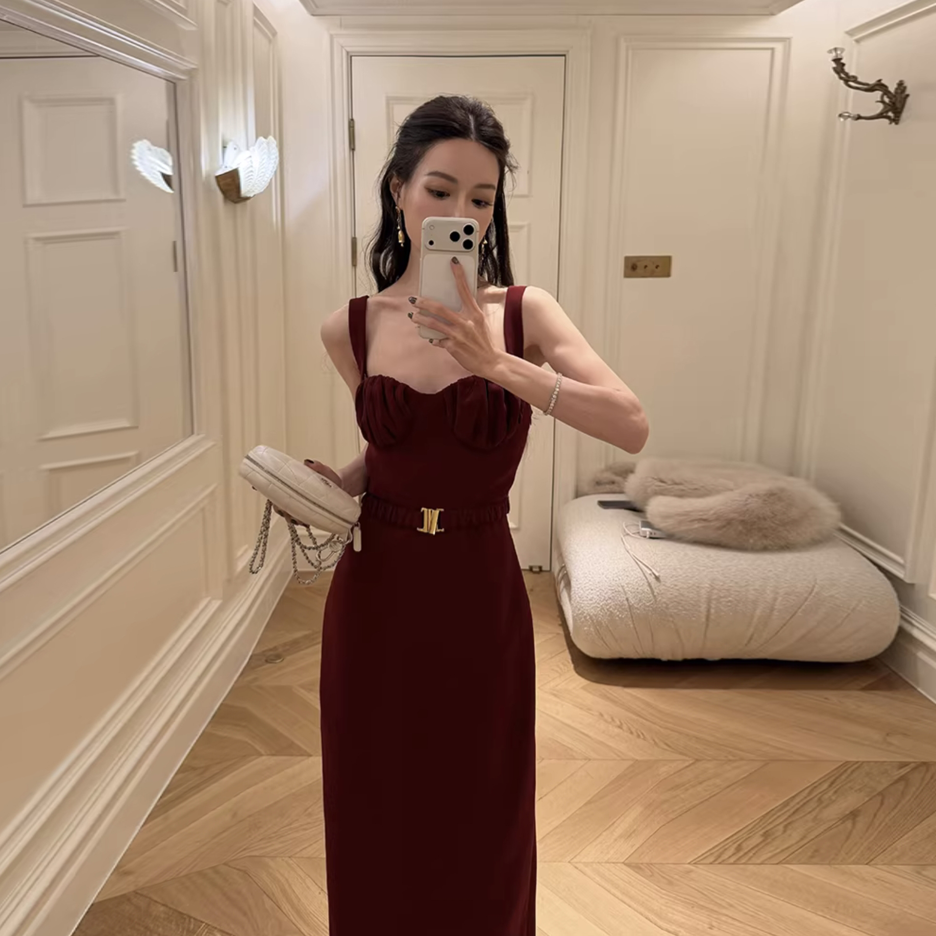 法國紅桃心領腰帶造型合身長洋裝-XS-L (Elegant & Love)