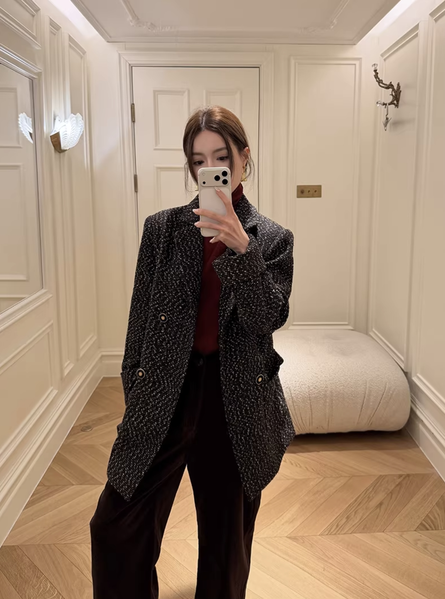 經典黑混色寬鬆感軟呢雙排釦外套-S-M (Elegant & Love)