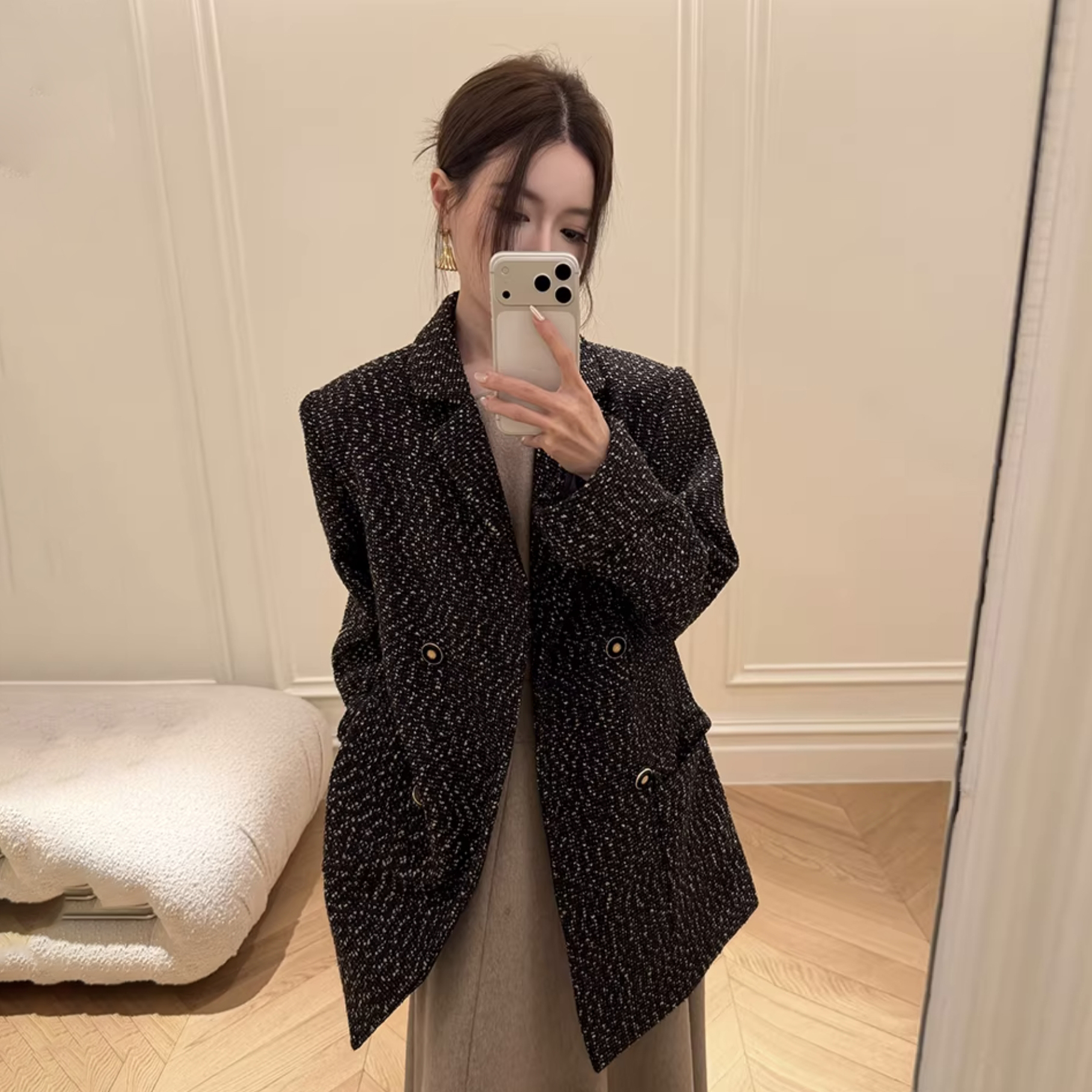 經典黑混色寬鬆感軟呢雙排釦外套-S-M (Elegant & Love)