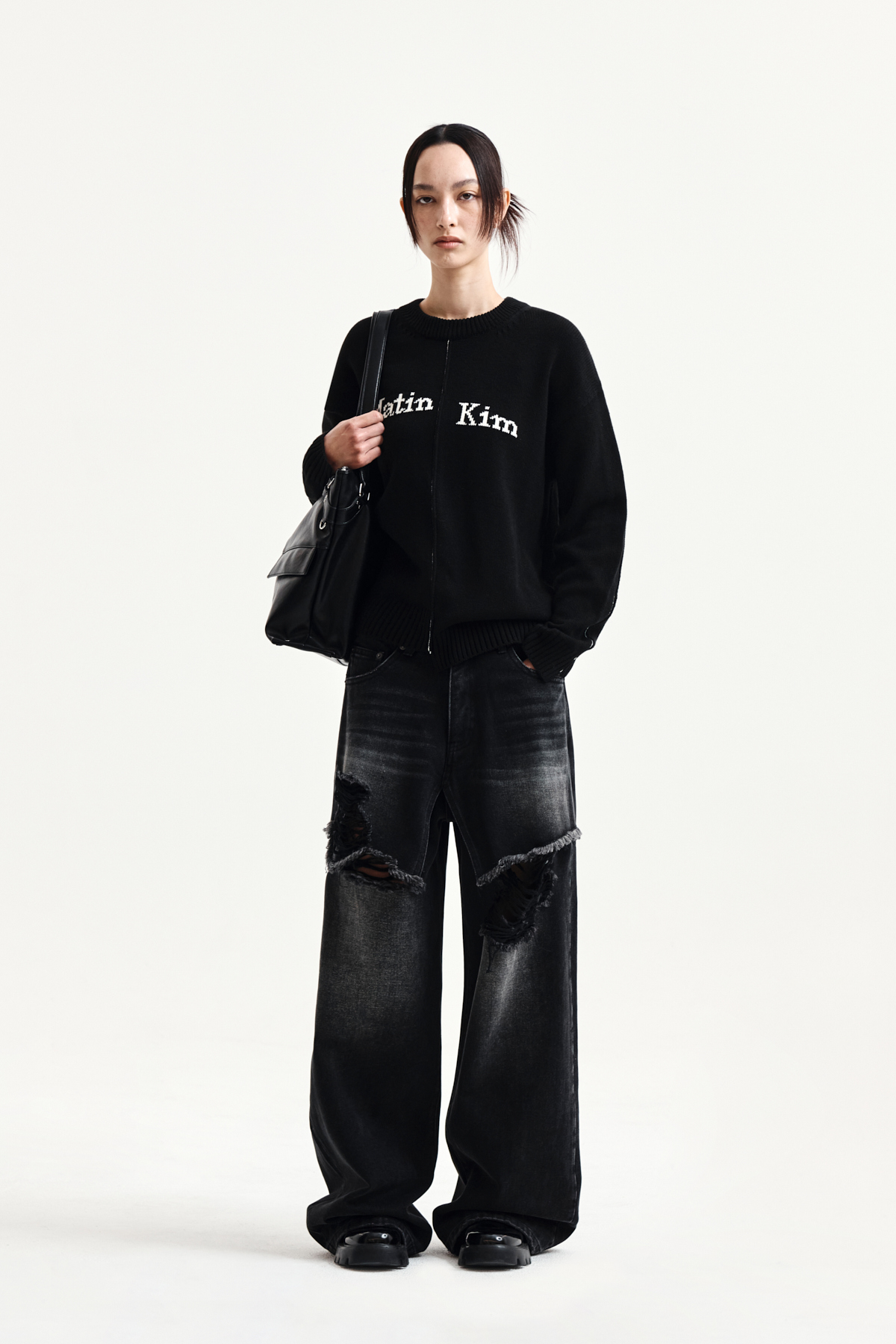 層次刷破造型牛仔褲 黑色