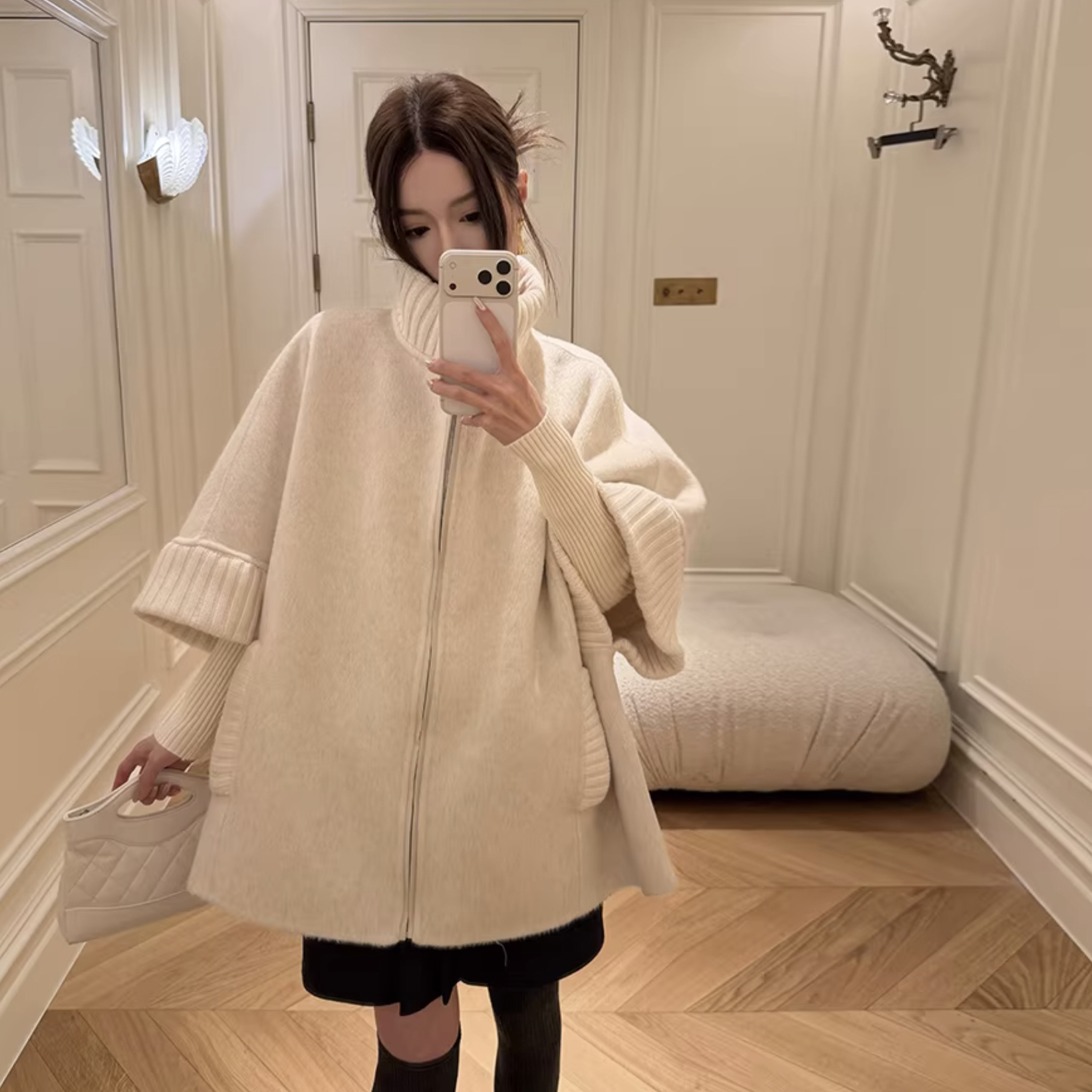 雲朵白螺紋拼接羊毛拉鍊斗篷外套-F (Elegant & Love)