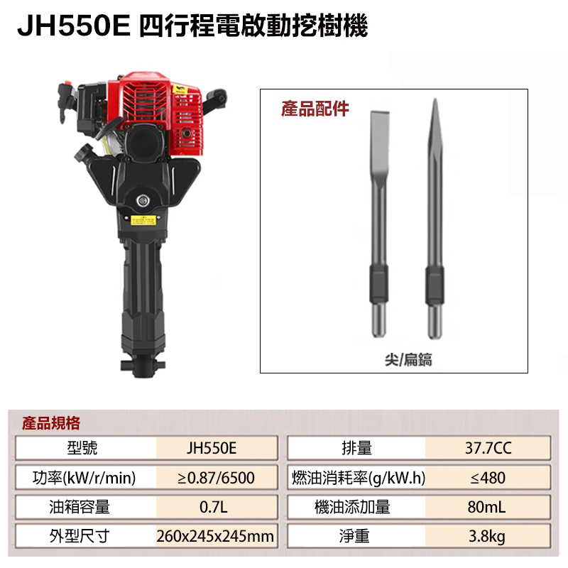 附發票｜JH550E｜汽油鎬 電啟動 四行程挖樹機 起樹機 挖樹機 挖坑機 起苗機 37.7CC