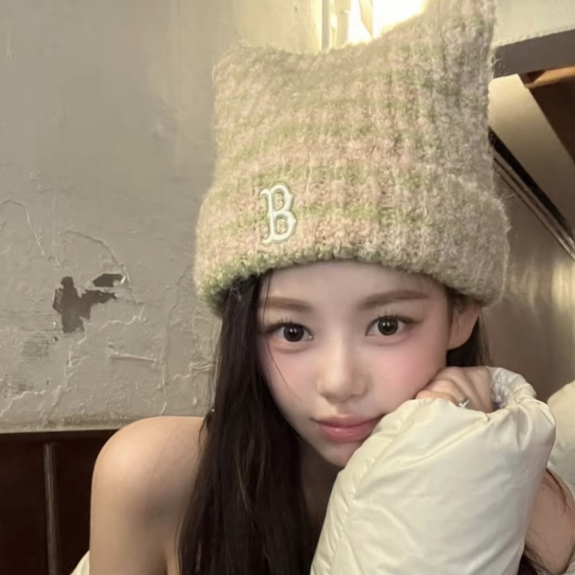 Karina X TWS PICK MLB 條紋 貓耳帽 洛杉磯 道奇隊 針織毛帽 韓國