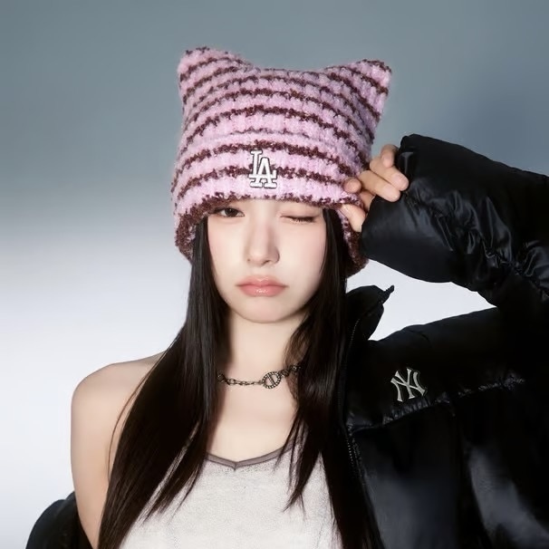 Karina X TWS PICK MLB 條紋 貓耳帽 洛杉磯 道奇隊 針織毛帽 韓國
