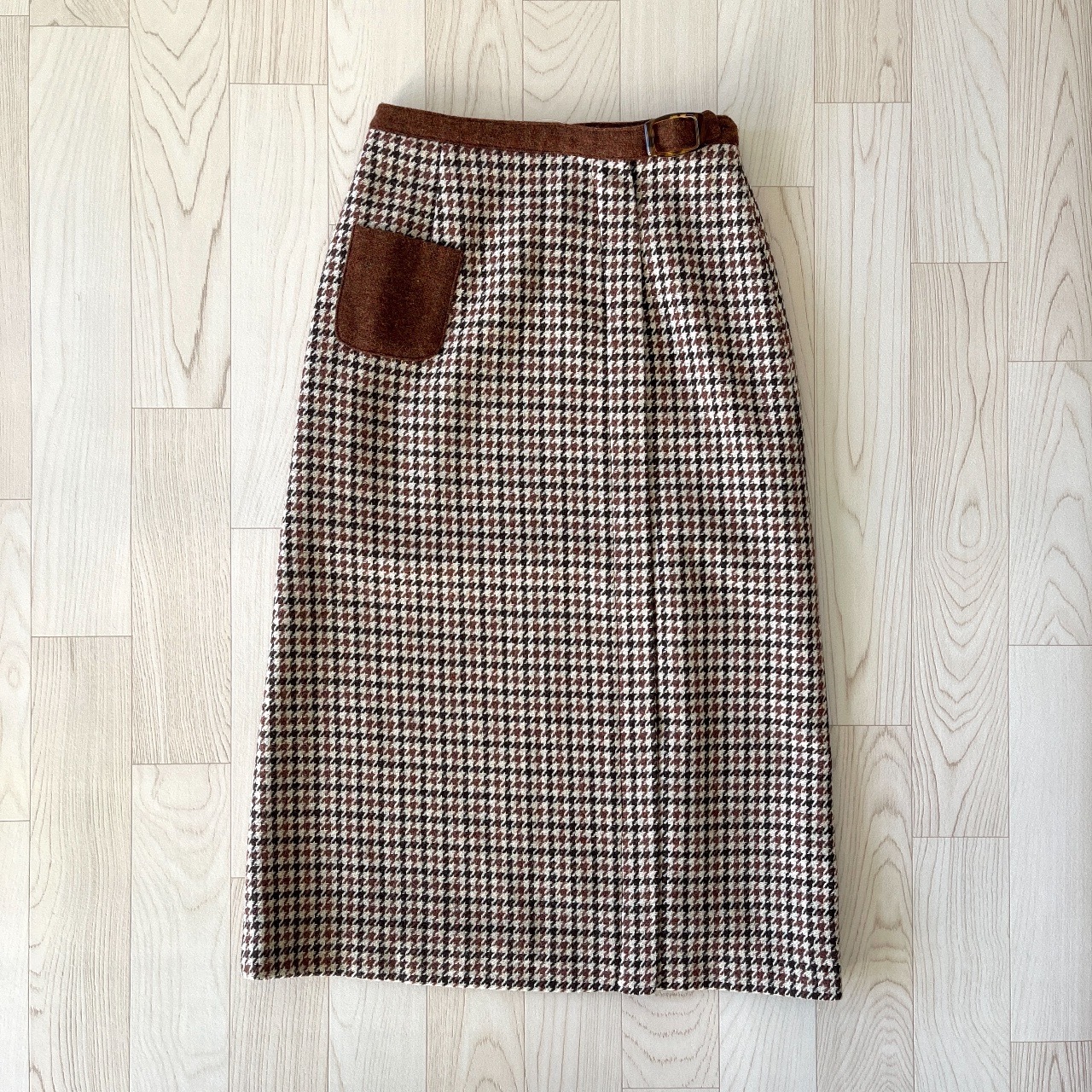 日本製學院風啡色千鳥格羊毛半裙