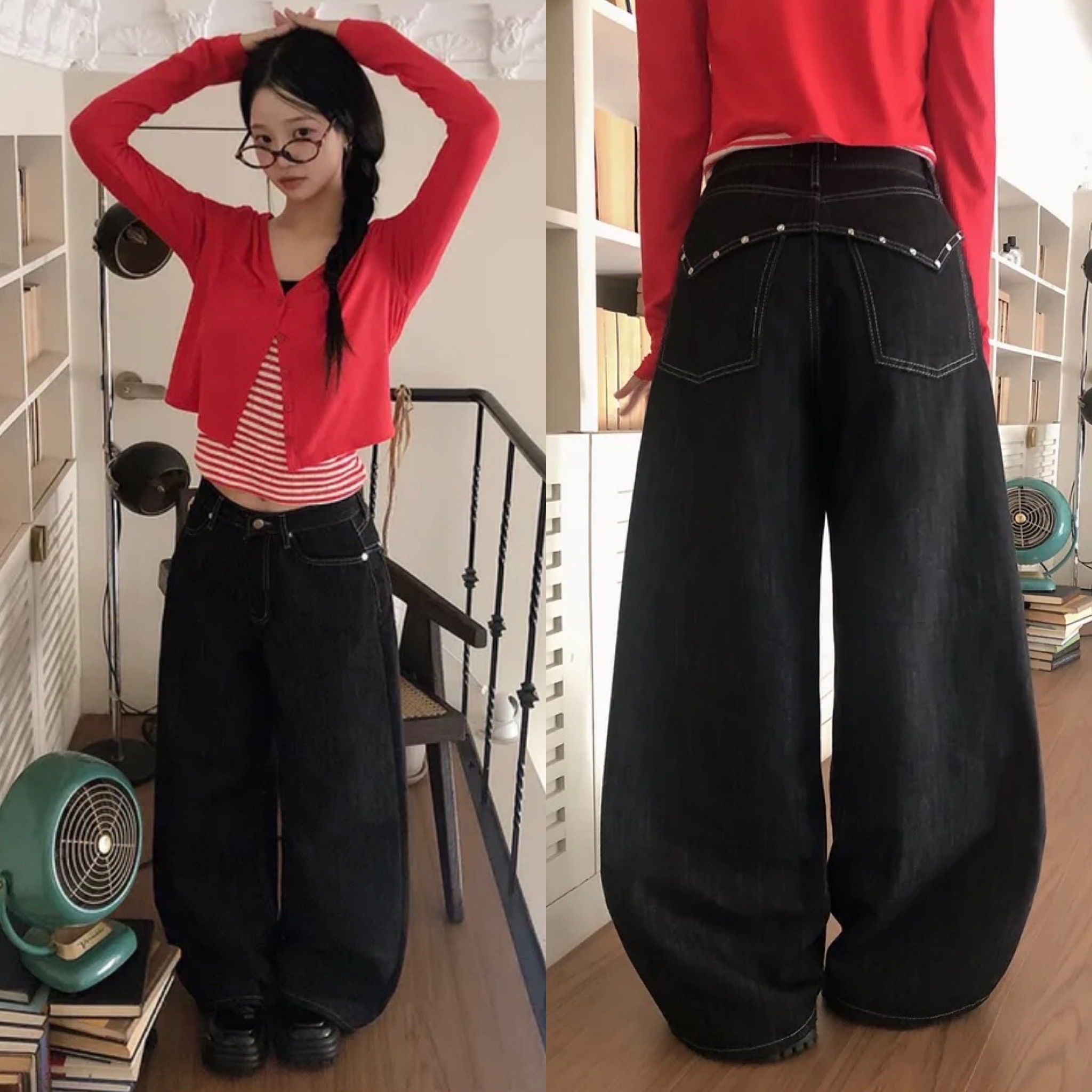 【1/2截單！首批優惠價預訂】人氣彎刀褲！韓國不褪色背心銀色花花釘彎刀褲