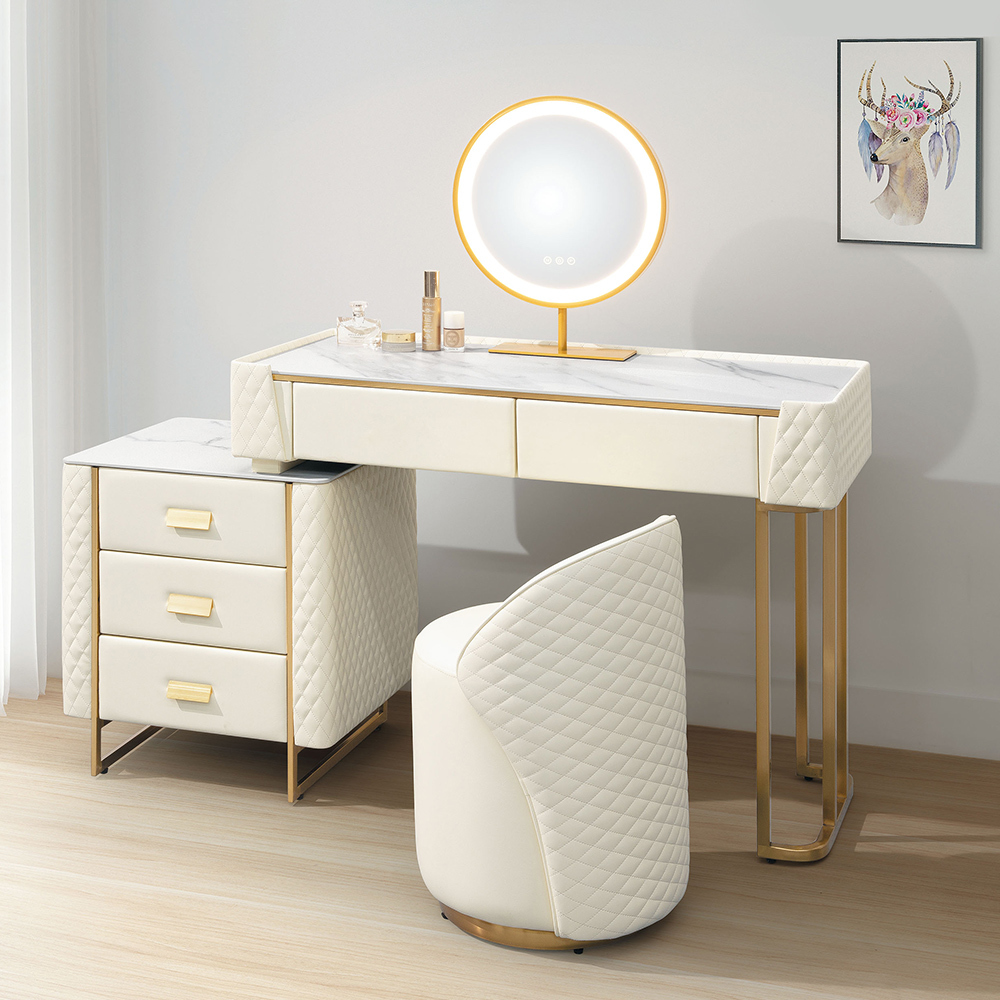 萊莎3.3尺岩板皮革化妝桌/伸縮鏡台/梳妝台(附燈光功能化妝鏡及化妝椅)