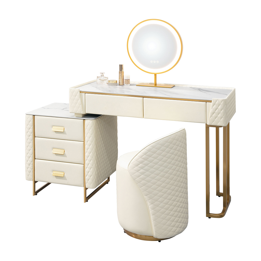 萊莎3.3尺岩板皮革化妝桌/伸縮鏡台/梳妝台(附燈光功能化妝鏡及化妝椅)