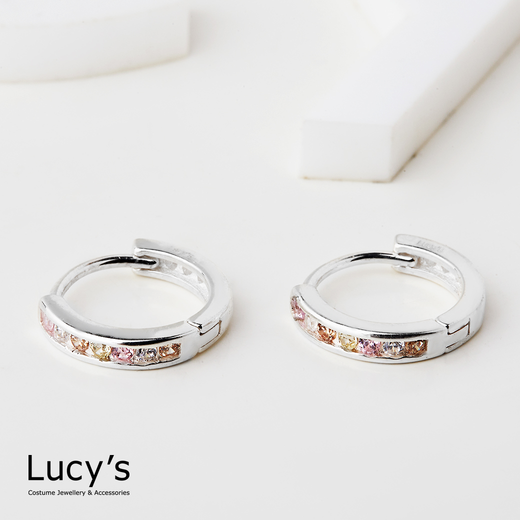 925純銀 彩色排鑽 易扣耳環 (122991)