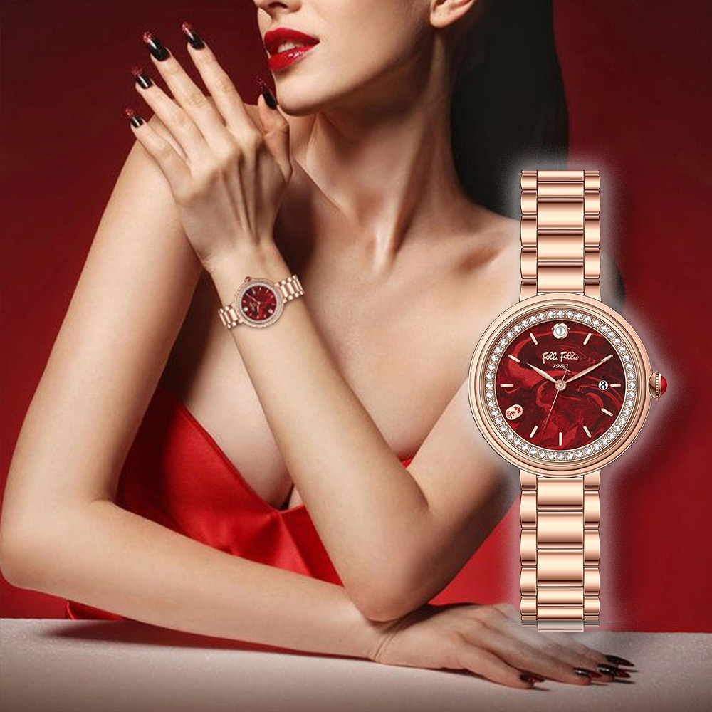 【Folli Follie 芙麗芙麗】WF22A013  晶鑽 喜氣紅 復古時尚 玫瑰金 不鏽鋼 女錶 手錶