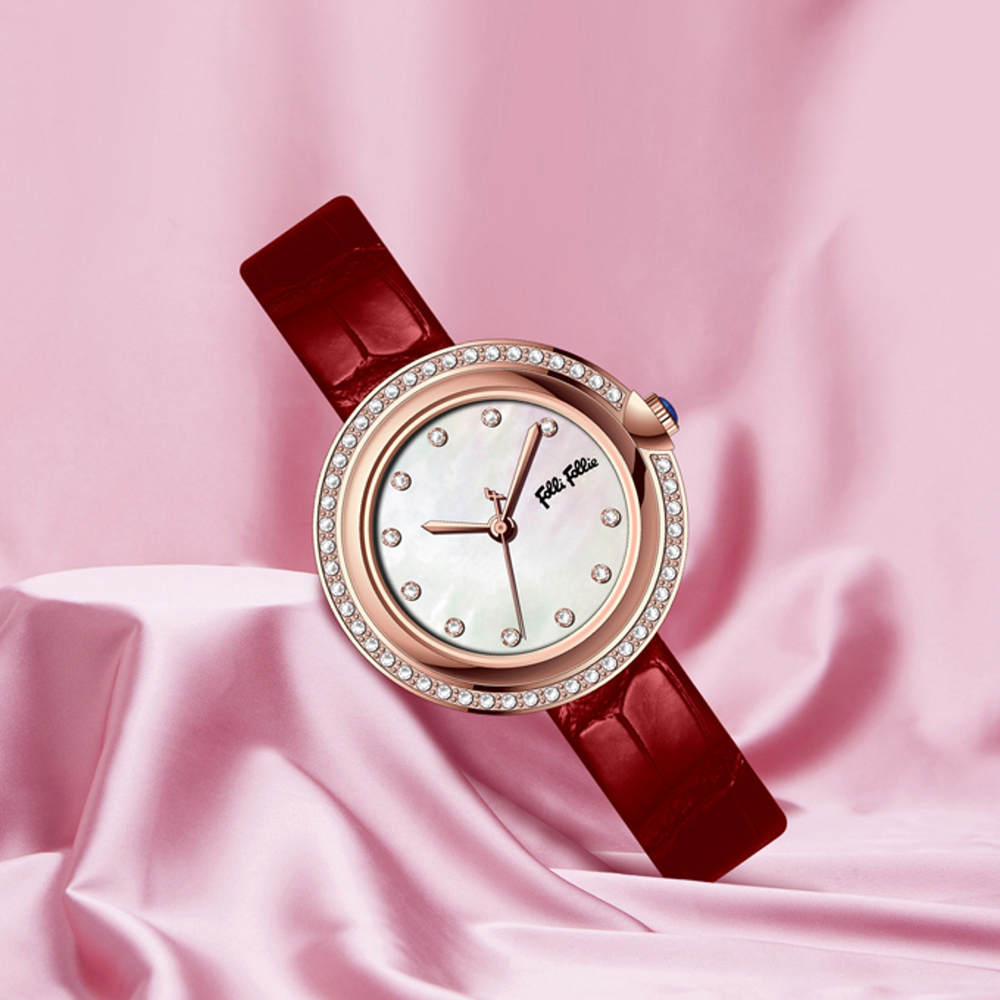 【Folli Follie 芙麗芙麗】WF22B023  晶鑽 珍珠母貝 時尚潮流  皮革 紅色 女錶 手錶