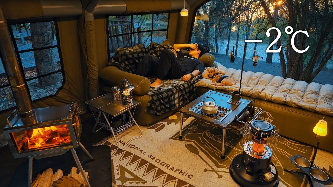 露營 Vlog 零下 2 度 秋日夕陽染色 13.6 充氣帳和狗狗的悠閒一天