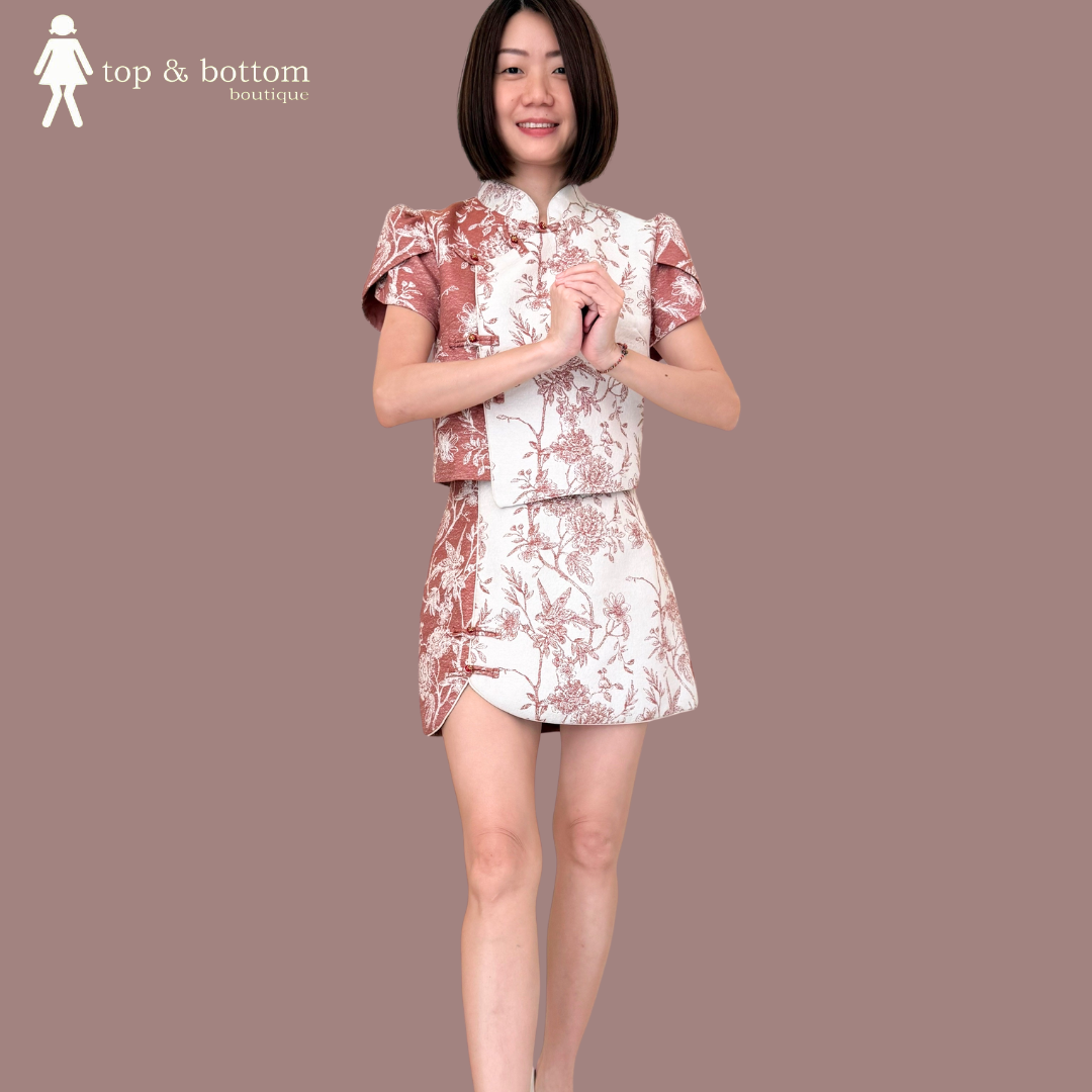 SHORT SLEEVE JACQUARD FLORAL CHEONGSAM SKIRT SET SUIT