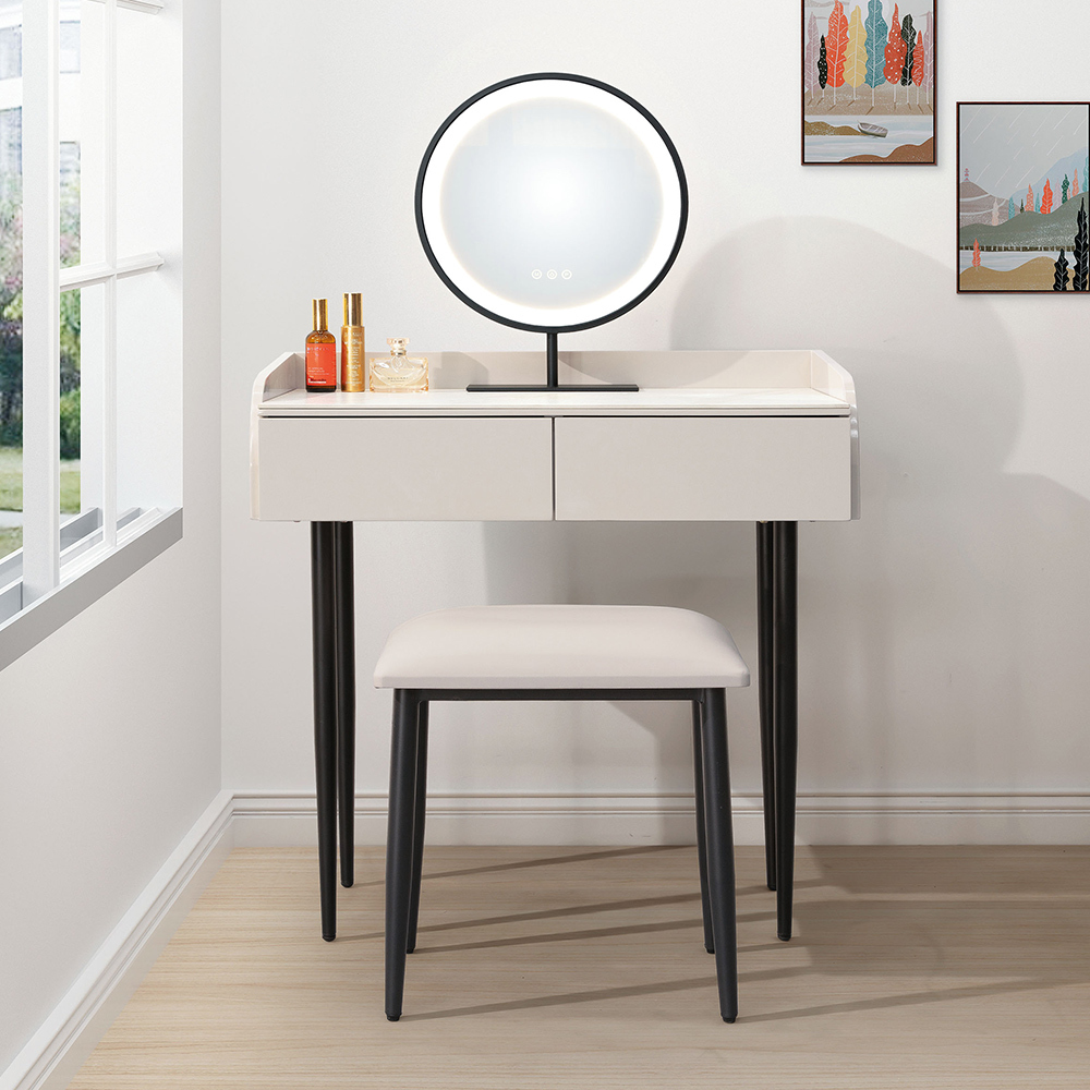 安塔2.7尺岩板化妝桌/鏡台/梳妝台(附燈光功能化妝鏡及化妝椅)