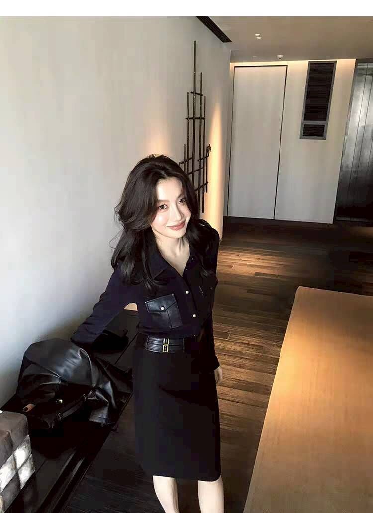 經典黑皮革口袋造型翻領上衣+半裙SET-S-XXL (Elegant & Love)