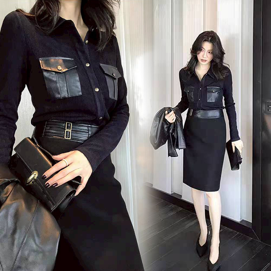 經典黑皮革口袋造型翻領上衣+半裙SET-S-XXL (Elegant & Love)
