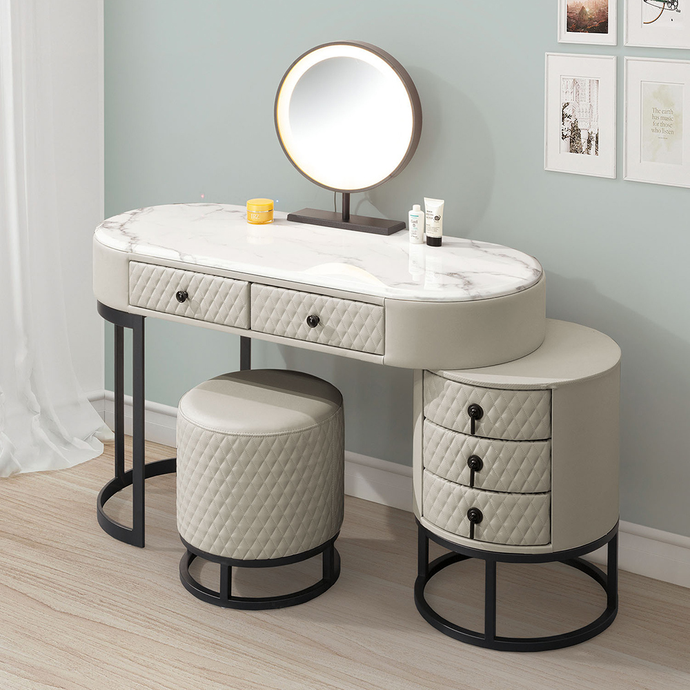 波莉亞4尺岩板皮革化妝桌/伸縮鏡台/梳妝台(附燈光功能化妝鏡及化妝椅)