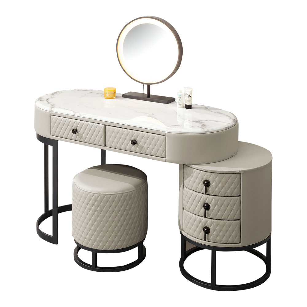 波莉亞4尺岩板皮革化妝桌/伸縮鏡台/梳妝台(附燈光功能化妝鏡及化妝椅)