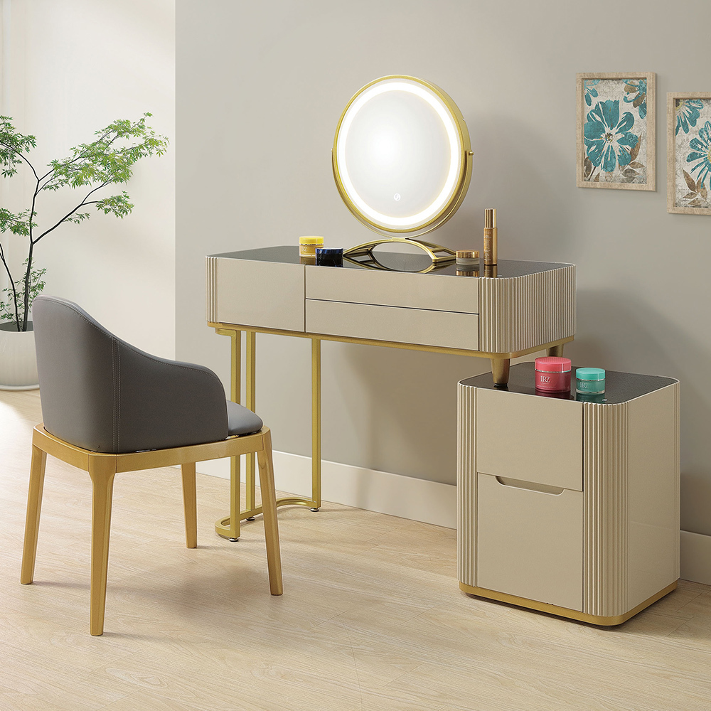 莉迪亞3.3尺強化玻璃化妝桌/伸縮鏡台/梳妝台(附燈光功能化妝鏡及化妝椅)