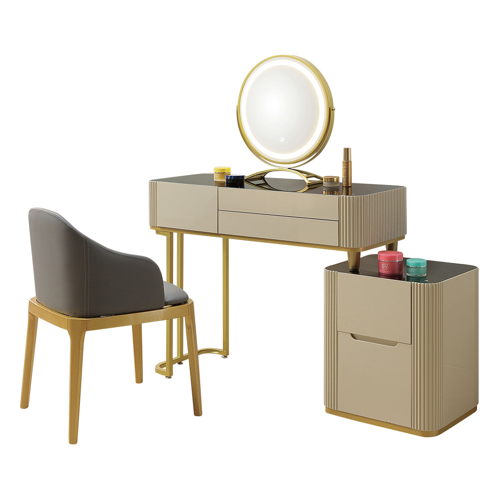 莉迪亞3.3尺強化玻璃化妝桌/伸縮鏡台/梳妝台(附燈光功能化妝鏡及化妝椅)