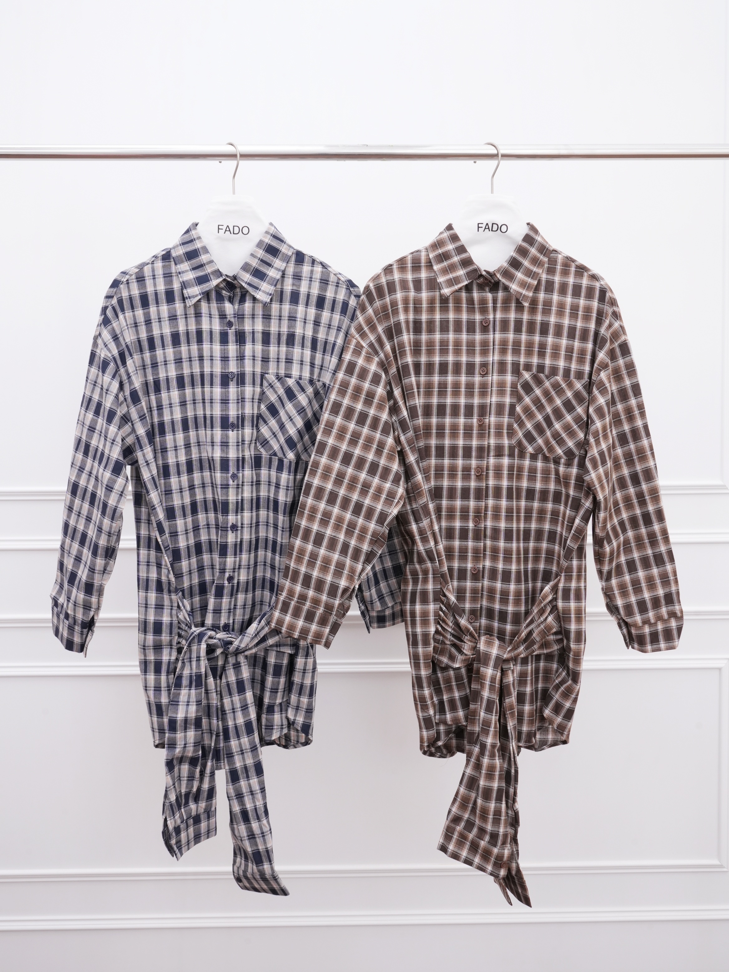 法朵Fado shop｜復古腰綁格紋長板襯衫 3724001 藍/咖啡