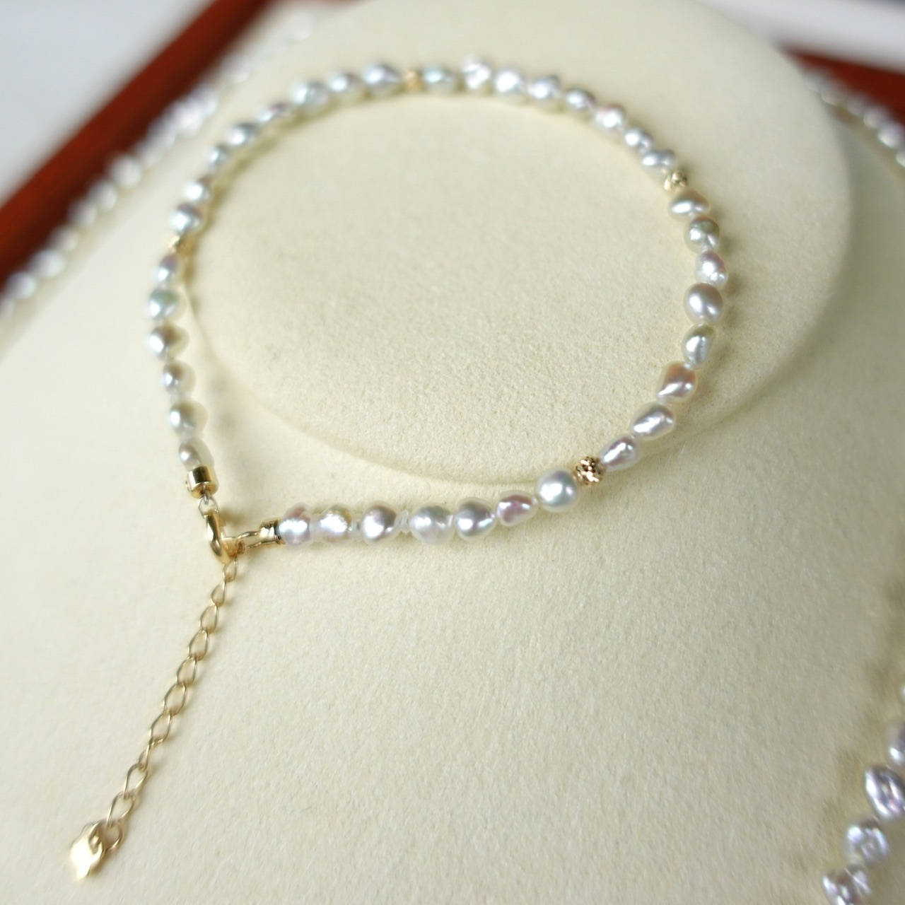 3-4mm天然糖果色日本Akoya Keshi珍珠18K金鐳射珠手鏈