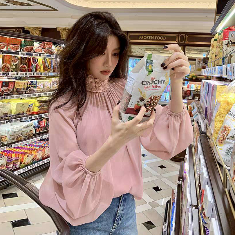 蕾絲滾邊立領造型澎澎袖雪紡上衣-S-XL / 2色 (Elegant & Love)