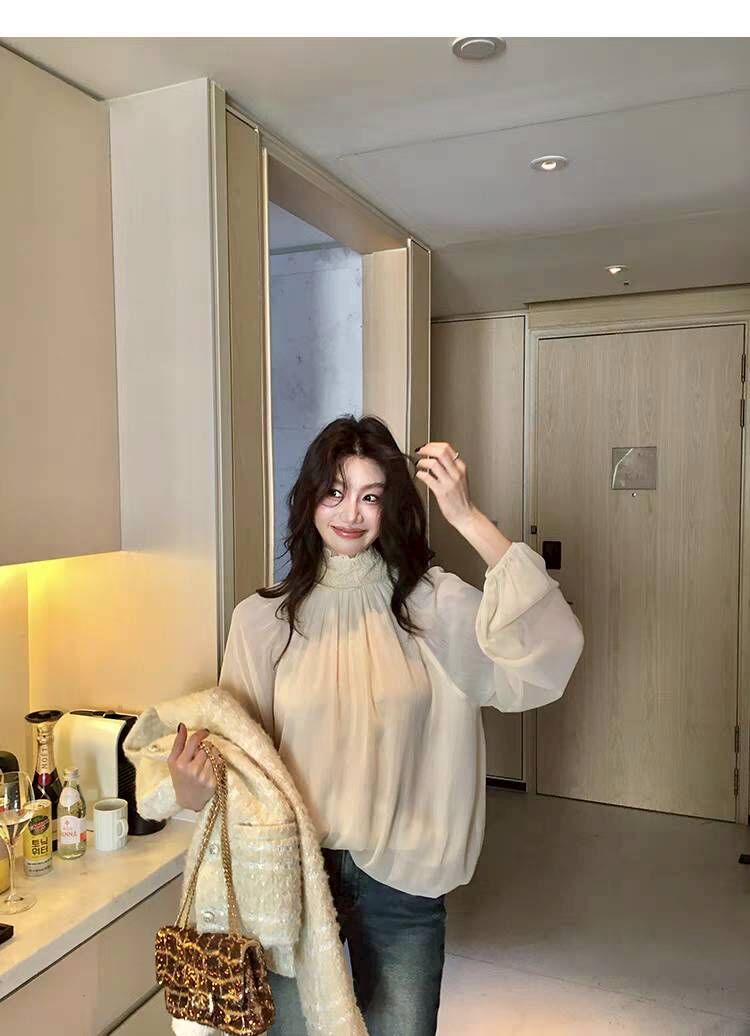 蕾絲滾邊立領造型澎澎袖雪紡上衣-S-XL / 2色 (Elegant & Love)