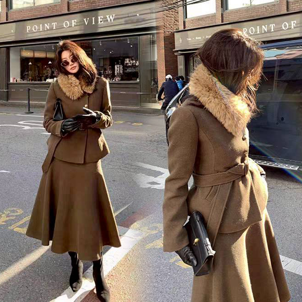 卡其綠排釦綁帶造型外套+傘擺長裙SET-S-XL (Elegant & Love)