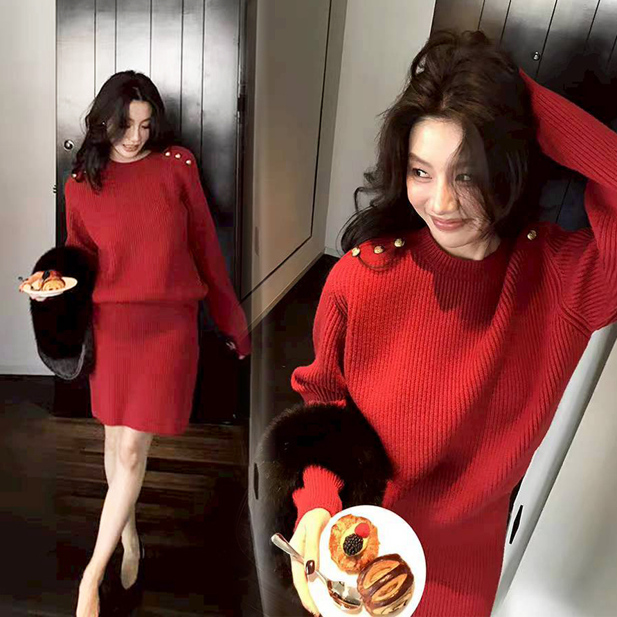 肩排釦造型圓領毛衣+半裙SET-S-XL / 2色 (Elegant & Love)