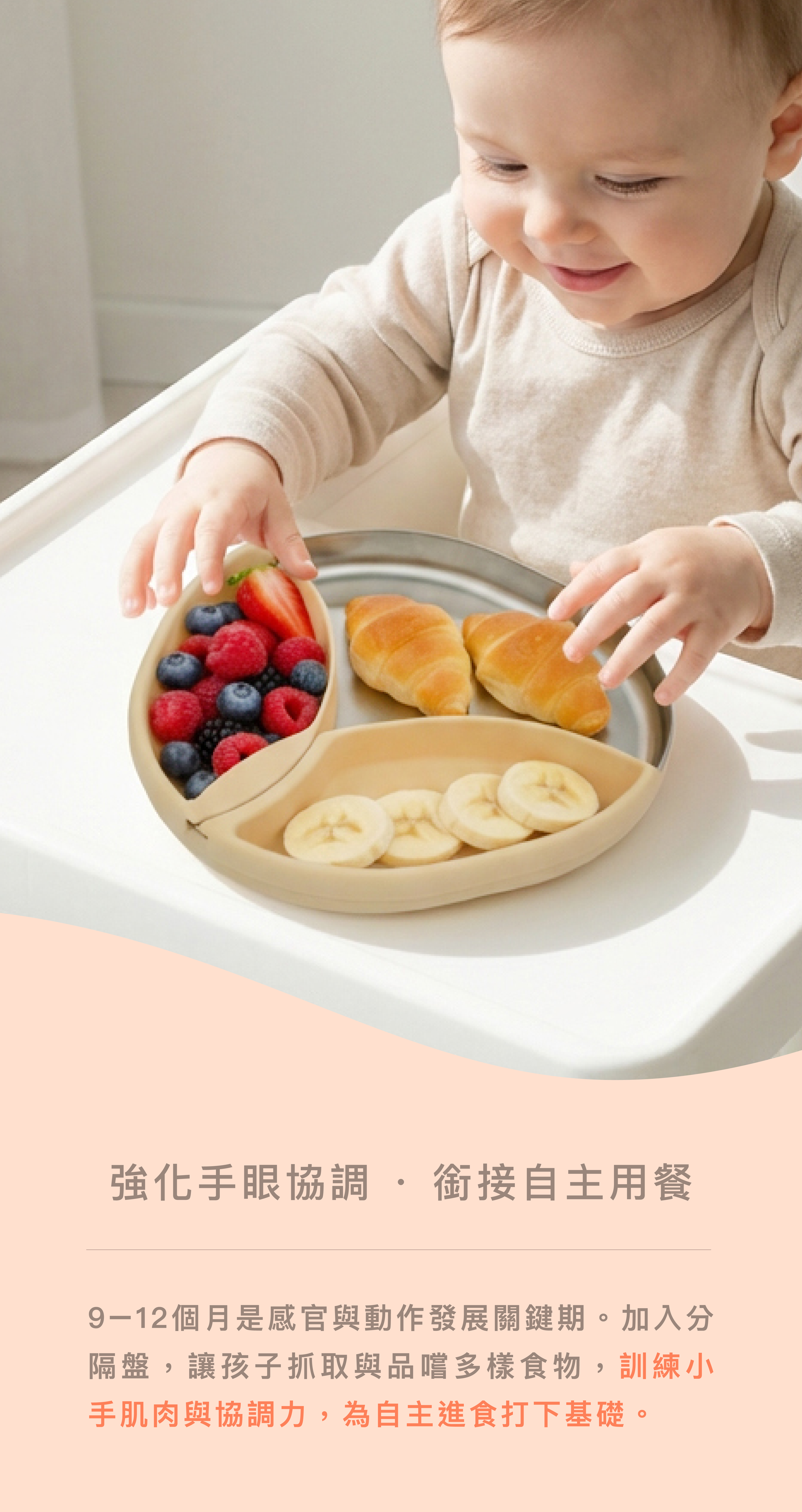CYD TERRA 寶寶自主進食訓練:專為 9-12 個月感官與動作發展關鍵期設計。透過三隻小嘟分隔餐盤訓練幼兒小手肌肉與精細動作協調力,為 BLW 自主進食打下科學基礎,是職能治療師建議的兒童發展餐具。