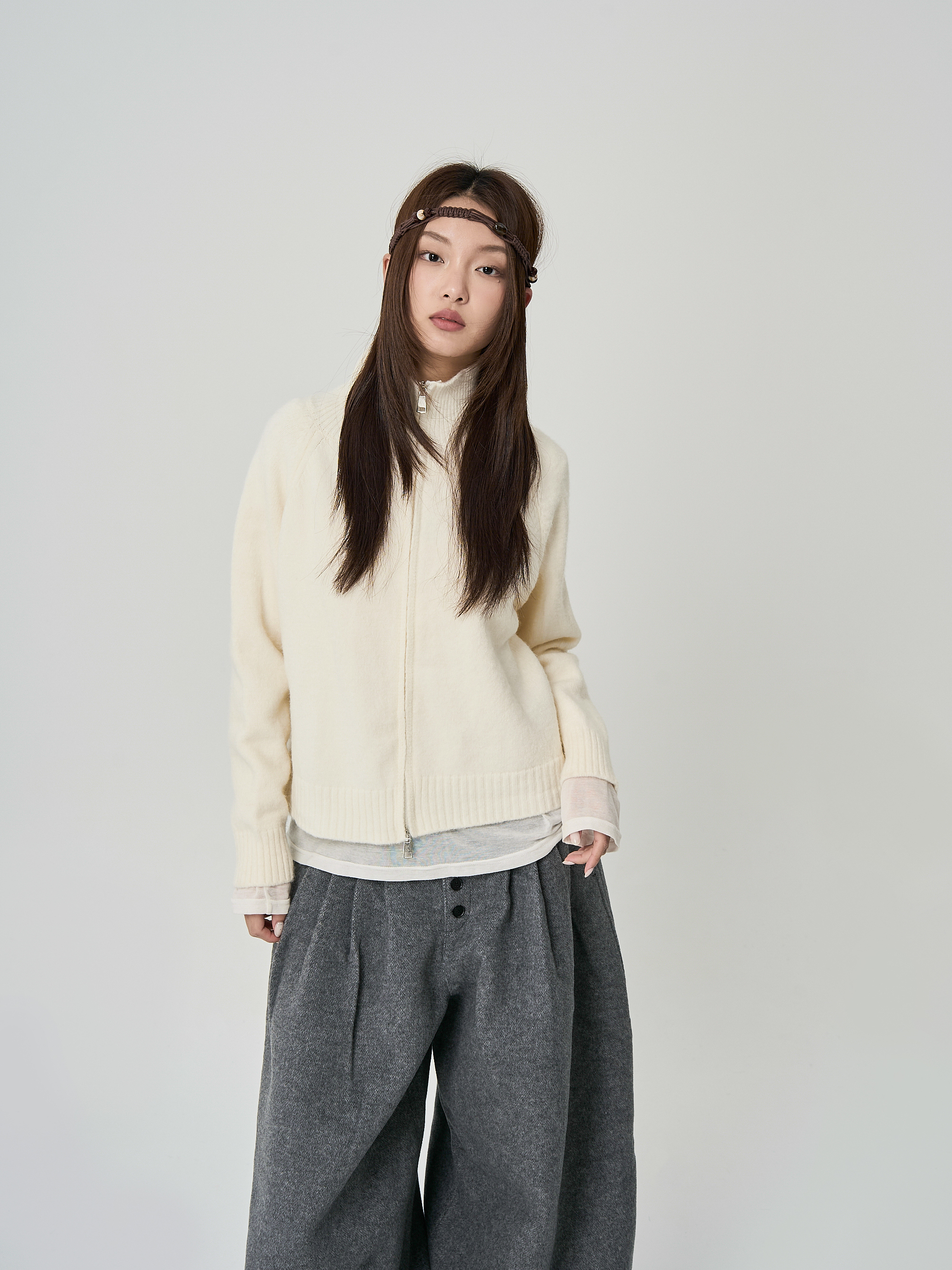 柔順雙拉鍊立領純色毛衣-白