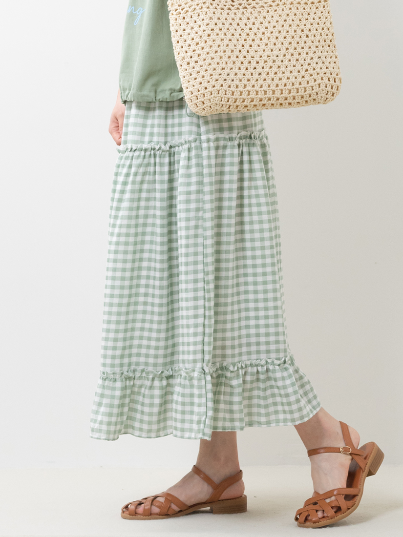 輕盈緹織格紋荷葉剪接細褶長裙