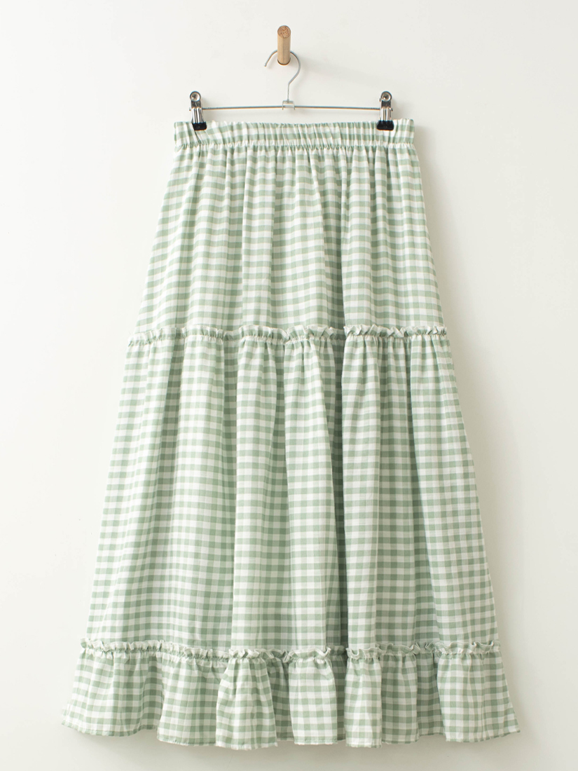 輕盈緹織格紋荷葉剪接細褶長裙