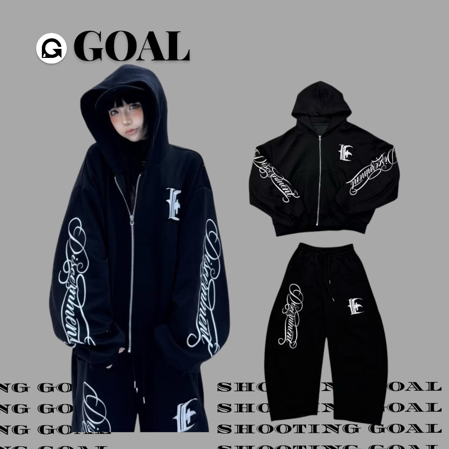 (GOAL) DCM x ECHO 貼布刺繡草寫 連帽外套 棉褲 套裝