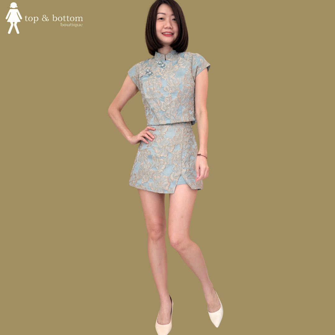 V SLEEVE EMBROIDERED FLORAL BLOUSE & SKIRT SET SUIT