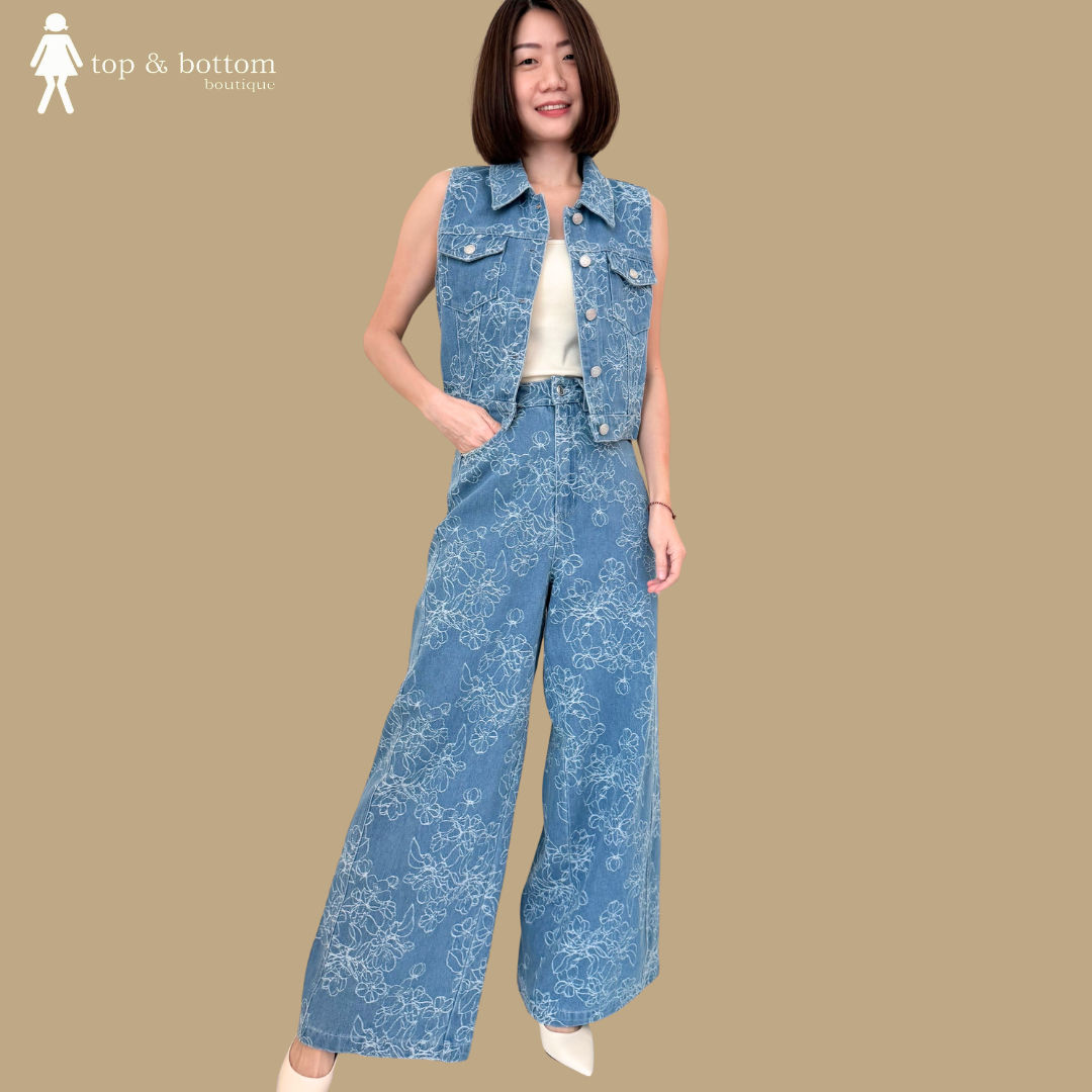 DENIM FLORAL BLOUSE & LONG PANT SET SUIT