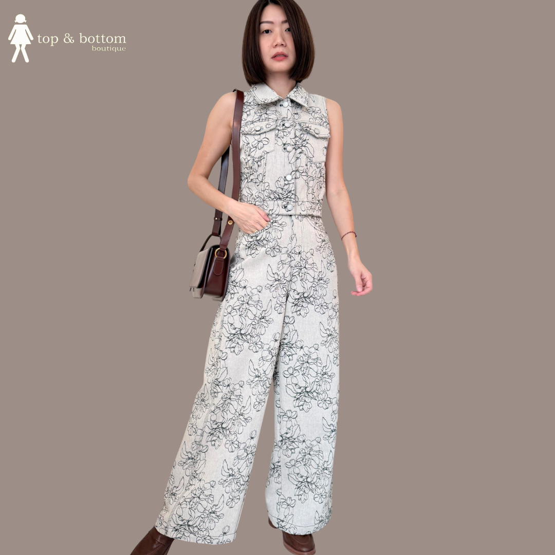 DENIM FLORAL BLOUSE & LONG PANT SET SUIT