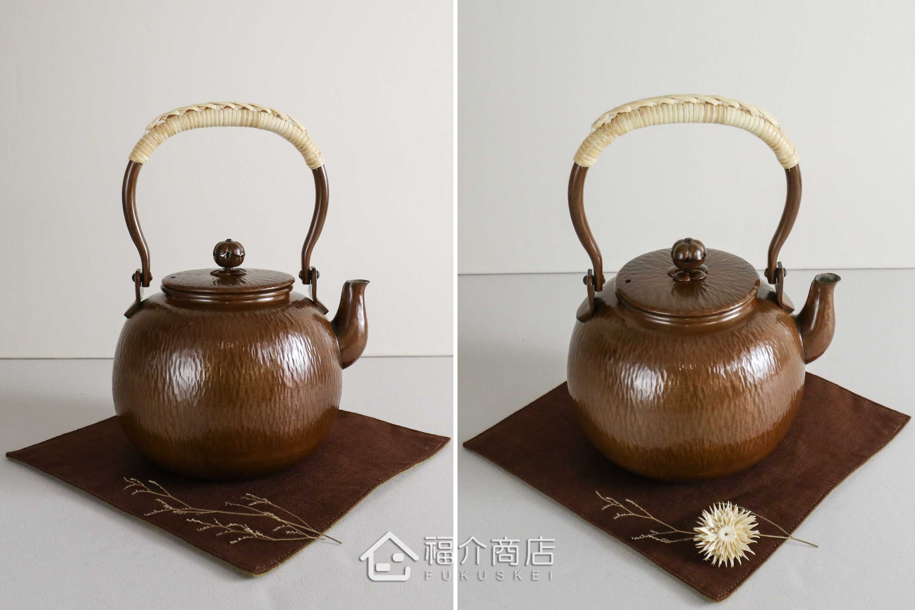 咖啡色線條紋路煮水泡茶用的銅壺內側鍍錫