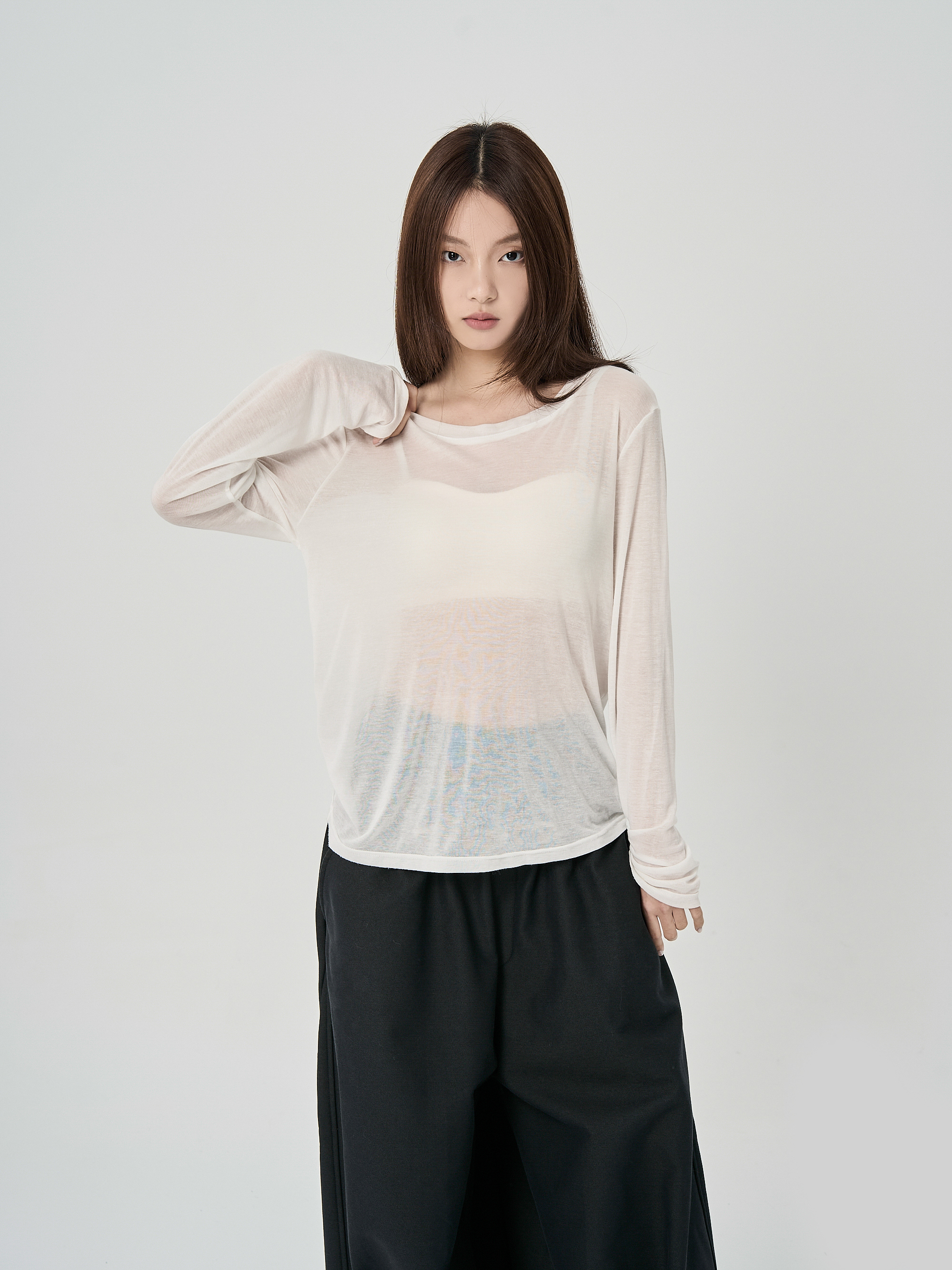 天絲透膚彈力寬鬆打底長袖-白