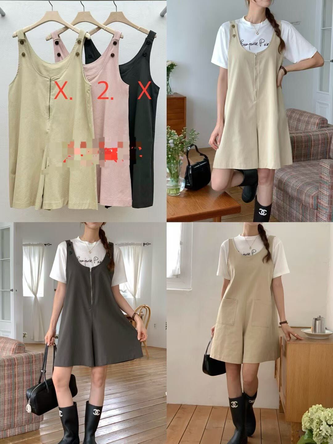 RE5425 鈕扣肩帶U領拉鏈連身短褲 *特價* (優惠碼同充值購物金不適用)