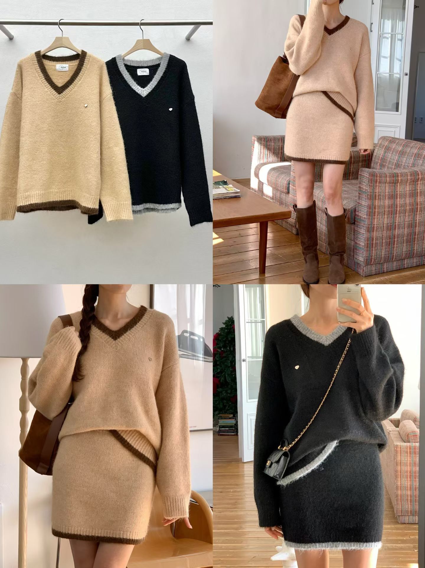 RE5429 拼色包邊V領上衣高腰短裙套裝 *特價* (優惠碼同充值購物金不適用)