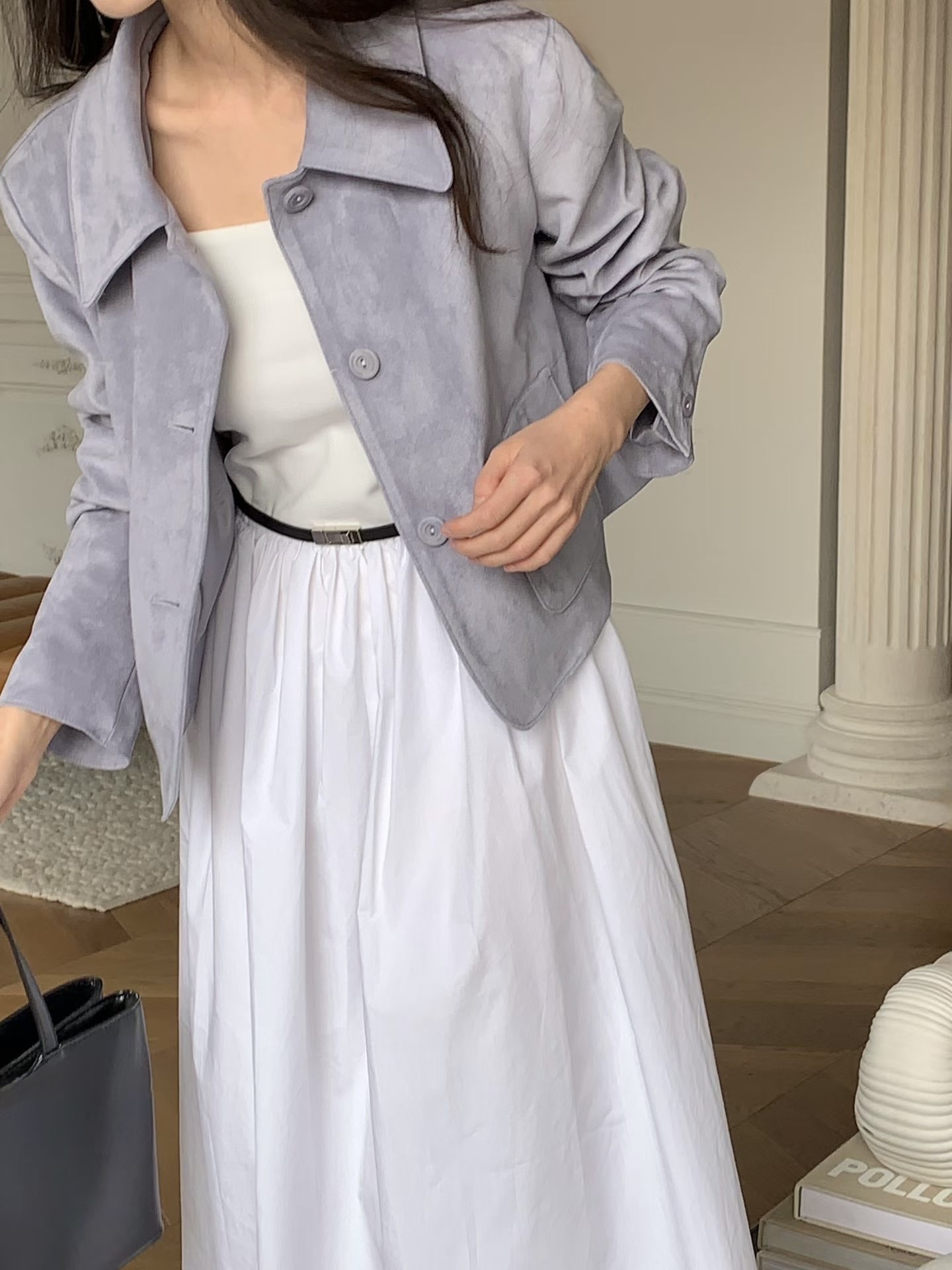 #228N621 質感一絕; 甜酷短版麂皮雙口袋翻領外套